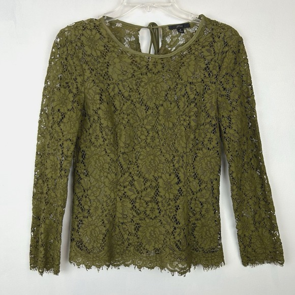 J.CREW Tops - J Crew Lace Top Womens 2 Petite Long Sleeve Shirt Olive Green Sheer Sleeve